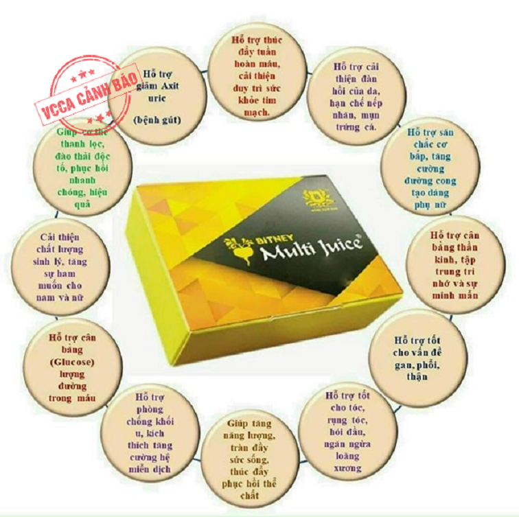 Công dụng của sản phẩm Multi Juice và Lucenta được quảng cáo trên internet.
