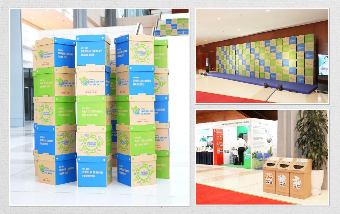 Cột thông tin chủ đề, Background, hệ thống phân loại rác tại hội nghị được Tập đoàn SCG thi công bằng các vật liệu giấy tái chế.