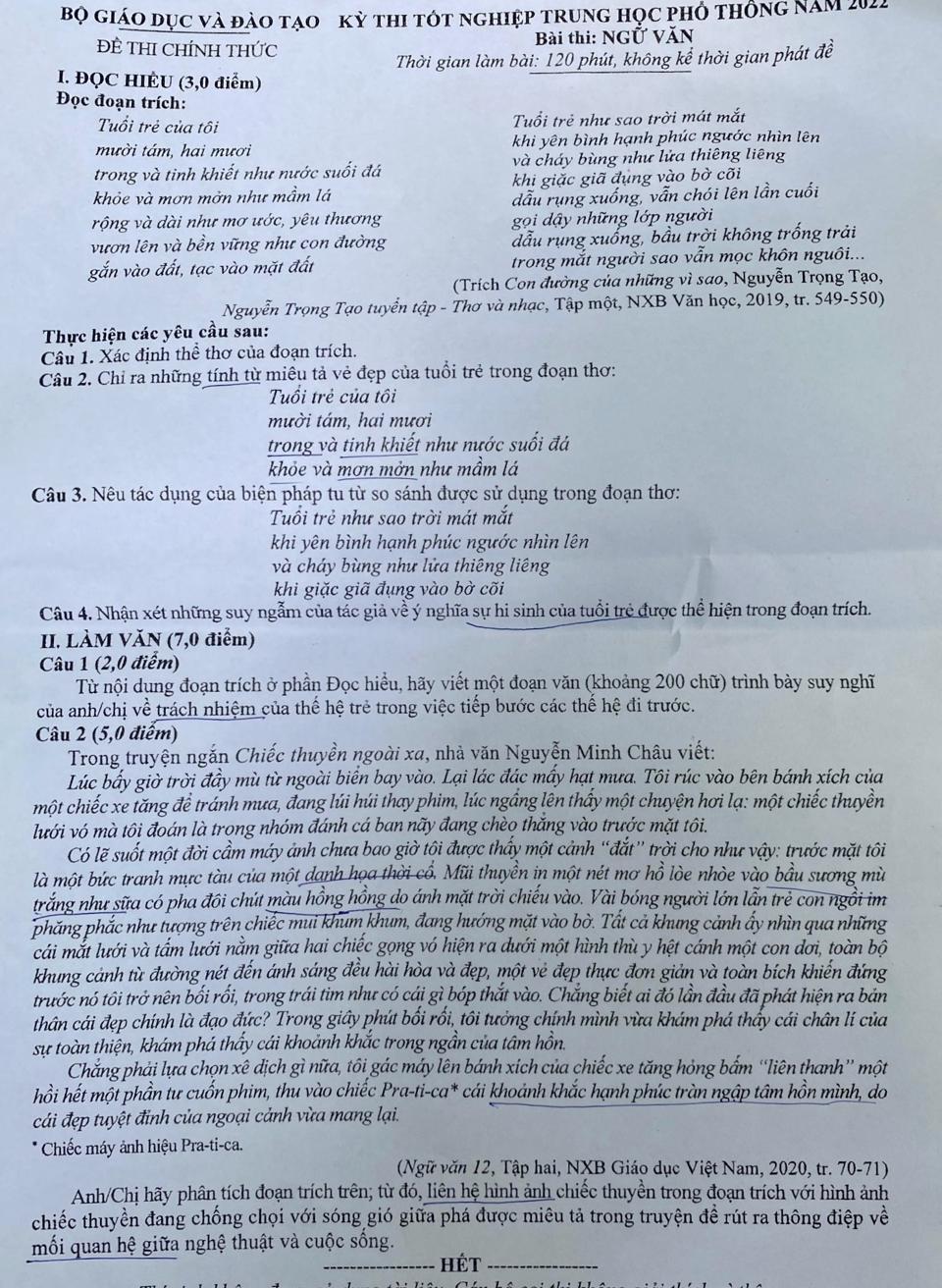 T&aacute;c phẩm &ldquo;Chiếc thuyền ngo&agrave;i xa&rdquo;&nbsp; đ&atilde; xuất hiện ở c&acirc;u 2, phần II v&agrave; chiếm 5 điểm.