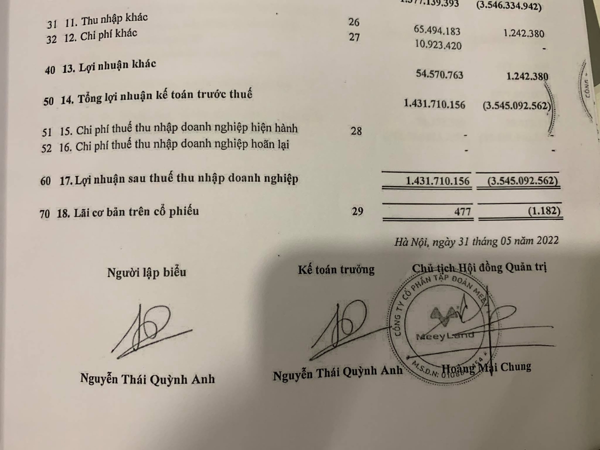 Lợi nhuận sau thuế của MeeyLand t&iacute;nh đến 31/3/2022.