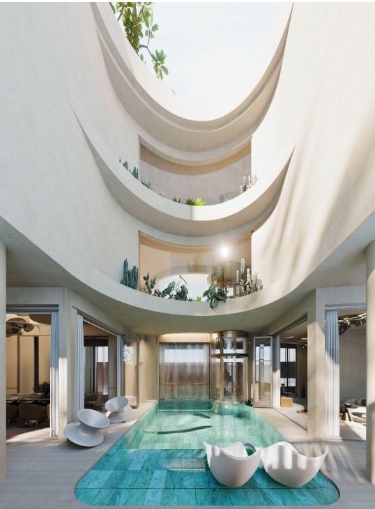 Điểm nhấn khi mở cửa lớn bước v&agrave;o dinh thự l&agrave; th&aacute;c nước lớn từ tầng 3 xuống hồ bơi chia kh&ocirc;ng gian ph&ograve;ng kh&aacute;ch 18 chỗ ngồi v&agrave; ph&ograve;ng ăn 18 chỗ ngồi cho gia chủ.