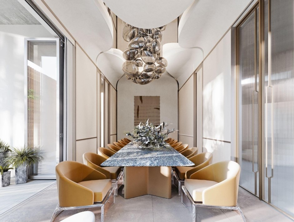 Ph&ograve;ng ăn được b&agrave;y tr&iacute; trang nh&atilde;, quyền qu&yacute;.