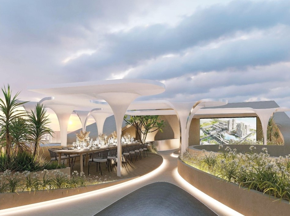 Không gian tiệc ngoài trời cùng hệ thống sky bar rộng lớn view hồ, view biển là nơi tiếp các vị khách tôn quý, hệ thống ánh sáng và âm thanh từ Đức cho sân khấu ca nhạc, bếp đến từ thương hiệu Melie.