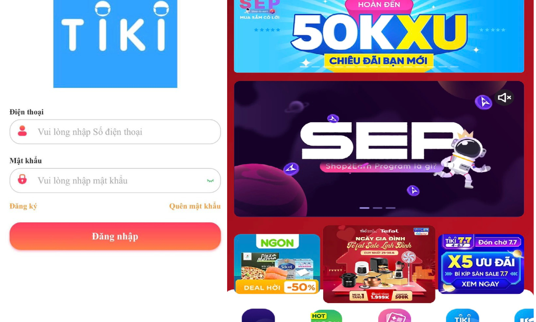 Giao diện trang Tiki giả (trái) và trang Tiki thật (phải)