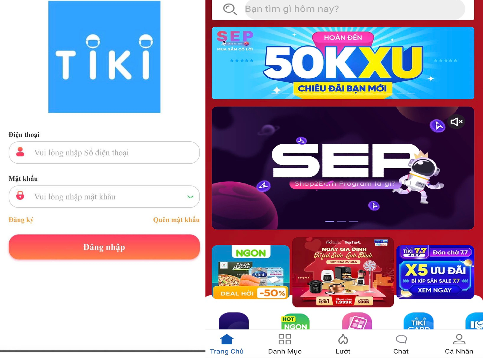 Giao diện trang Tiki giả (trái) và trang Tiki thật (phải)