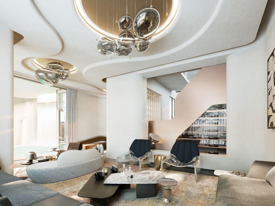 Sự kết hợp h&agrave;i h&ograve;a giữa nội thất v&agrave; &aacute;nh s&aacute;ng, t&ocirc;n vinh những đường cong kiến tr&uacute;c mềm mại trải khắp kh&ocirc;ng gian. To&agrave;n bộ nội thất từ ph&ograve;ng bếp, ăn, ngủ, l&agrave;m việc, thư gi&atilde;n, khu vực giải tr&iacute; sky bar được chế t&aacute;c ri&ecirc;ng từ thương hiệu nội thất nổi tiếng BB Italia v&agrave; Kartell, Azucena&hellip;