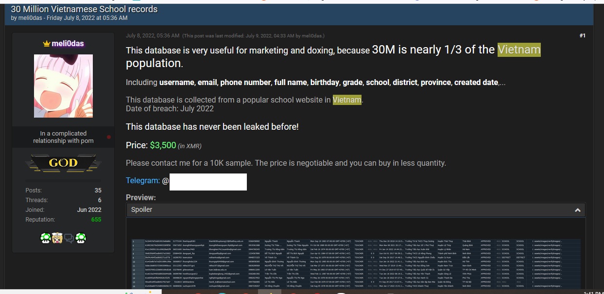 Tài khoản meli0das rao bán dữ liệu 30 triệu học sinh, giáo viên Việt Nam với giá 3.500 USD. 