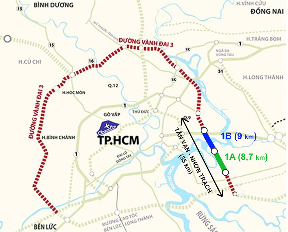 Dự án  đường Vành đai 3 TP.HCM đoạn Tân Vạn - Nhơn Trạch có chiều dài gần 35 km; trong đó dự án thành phần 1A dài 8,75 km.