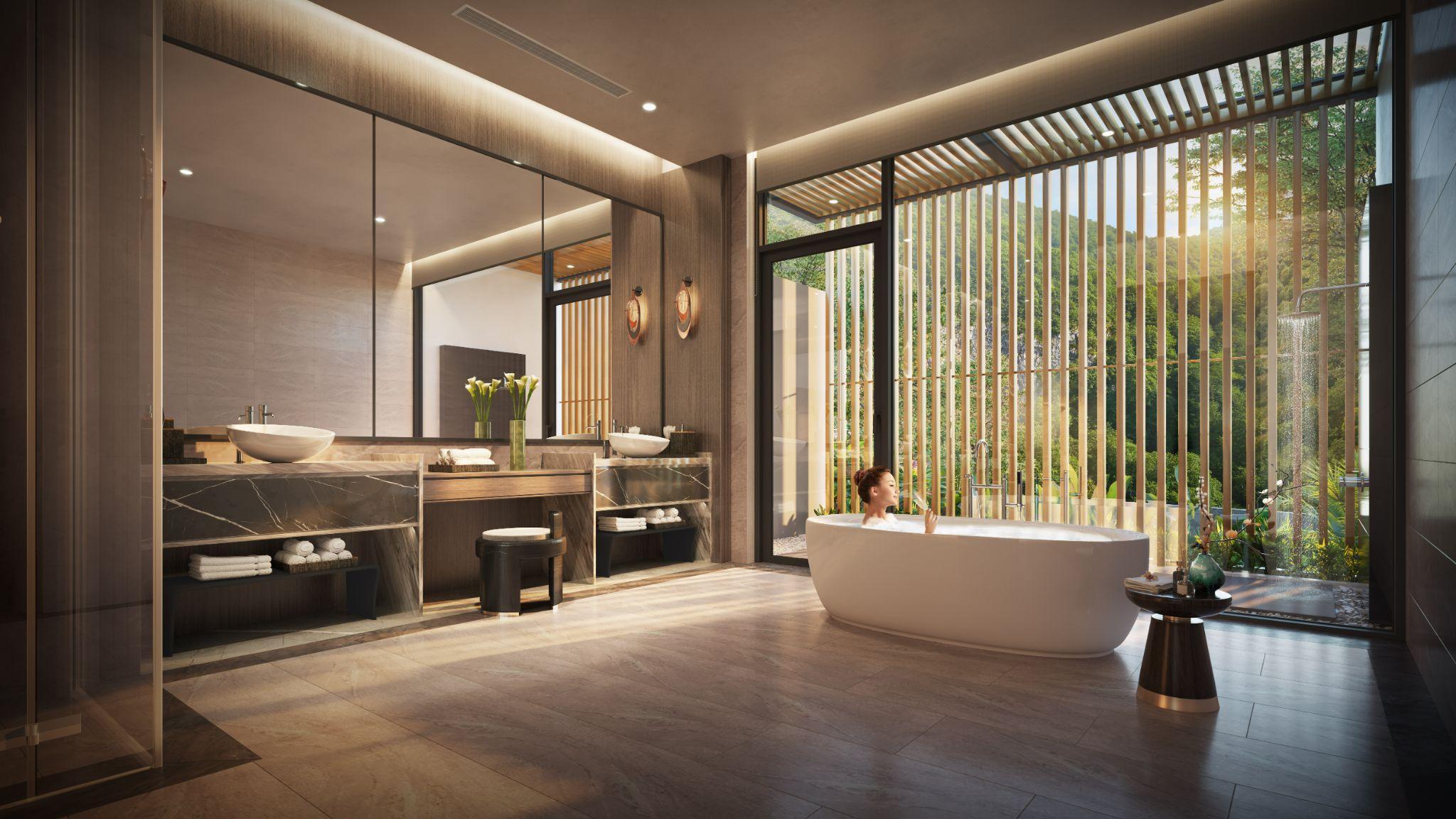 Phòng tắm được đầu tư toàn bộ thiết bị cao cấp đến từ thương hiệu Porcelanosa, Noken... nhằm kiến tạo không gian spa tại gia chuẩn mực. (Ảnh dinh thự mẫu Signature).