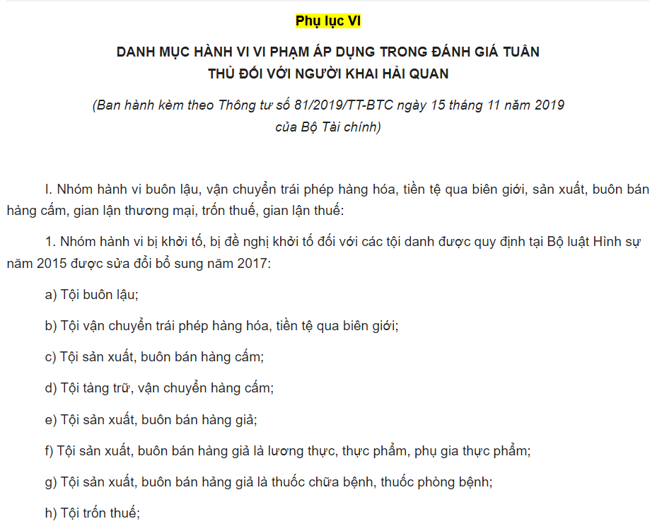 Phụ lục VI Thông tư 81.