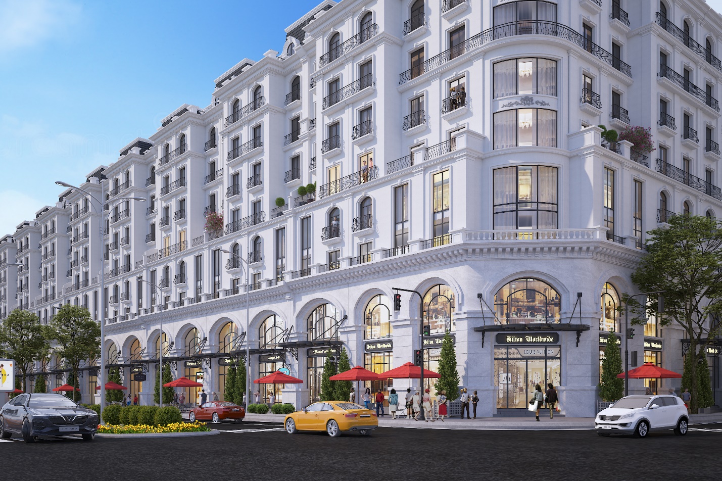 Phối cảnh Biz Shoptel mặt tiền đường H&ugrave;ng Vương với chiều cao ấn tượng: 9 tầng 1 thượng c&ugrave;ng kiến tr&uacute;c t&acirc;n cổ điển sang trọng.