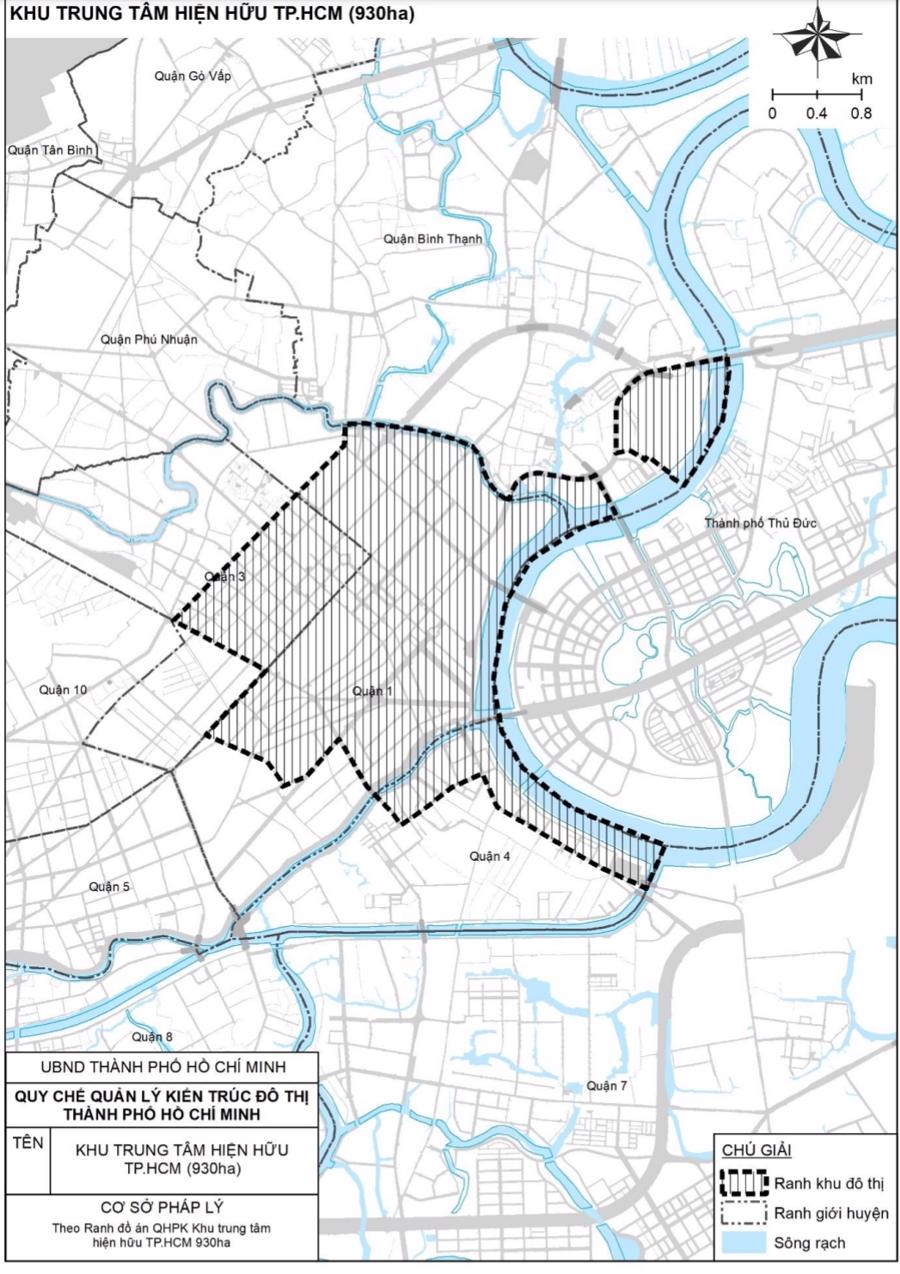 Bản đồ khu trung t&acirc;m 930 ha gồm c&aacute;c quận 1, 3, 4 v&agrave; B&igrave;nh Thạnh.
