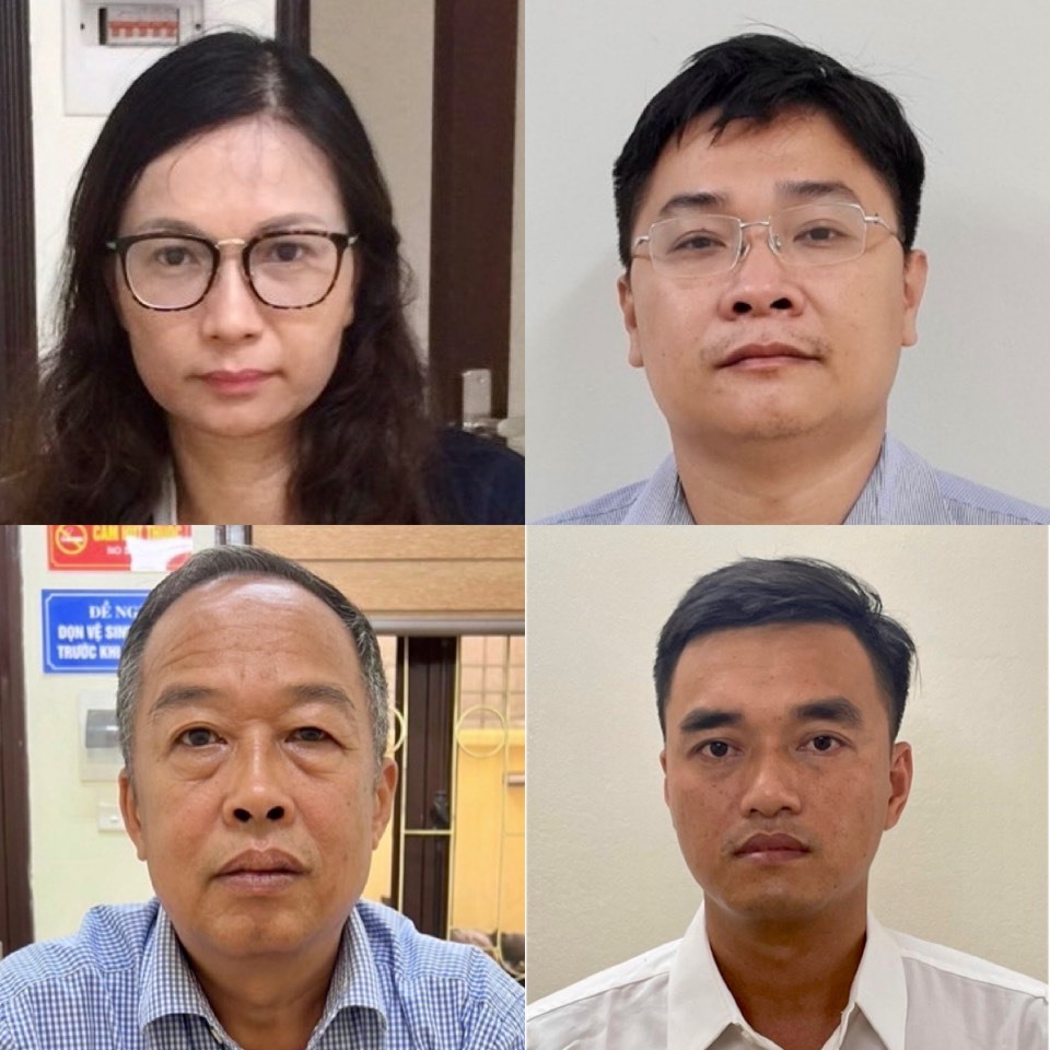 Từ trên xuống dưới, từ trái sang, các bị can: Nguyễn Mai Anh, Ngô Quang Tuấn,Trần Văn Dự, Vũ Sỹ Cường.