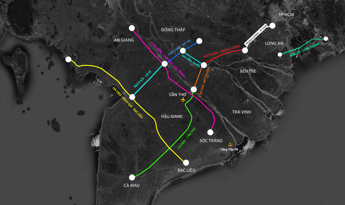 Sơ đồ c&aacute;c tuyến cao tốc theo h&igrave;nh xương sống Đồng bằng s&ocirc;ng Cửu Long. Đồ họa: Duy Quang.