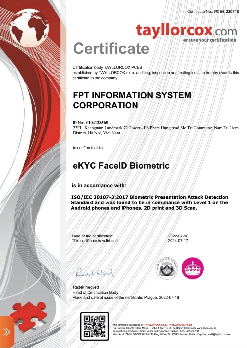 FPT đạt chứng chỉ ISO 30107-3 về chống giả mạo sinh trắc khuôn mặt.