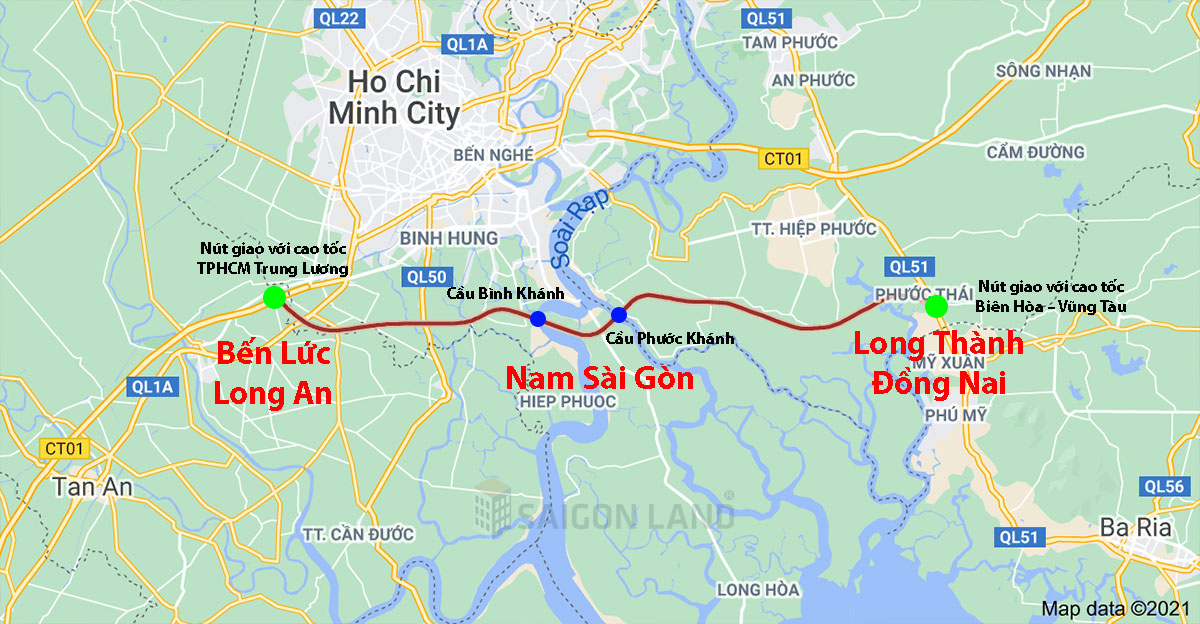 Sơ đồ và hướng tuyến của cao tốc Bến Lức - Long Thành trên bản đồ.