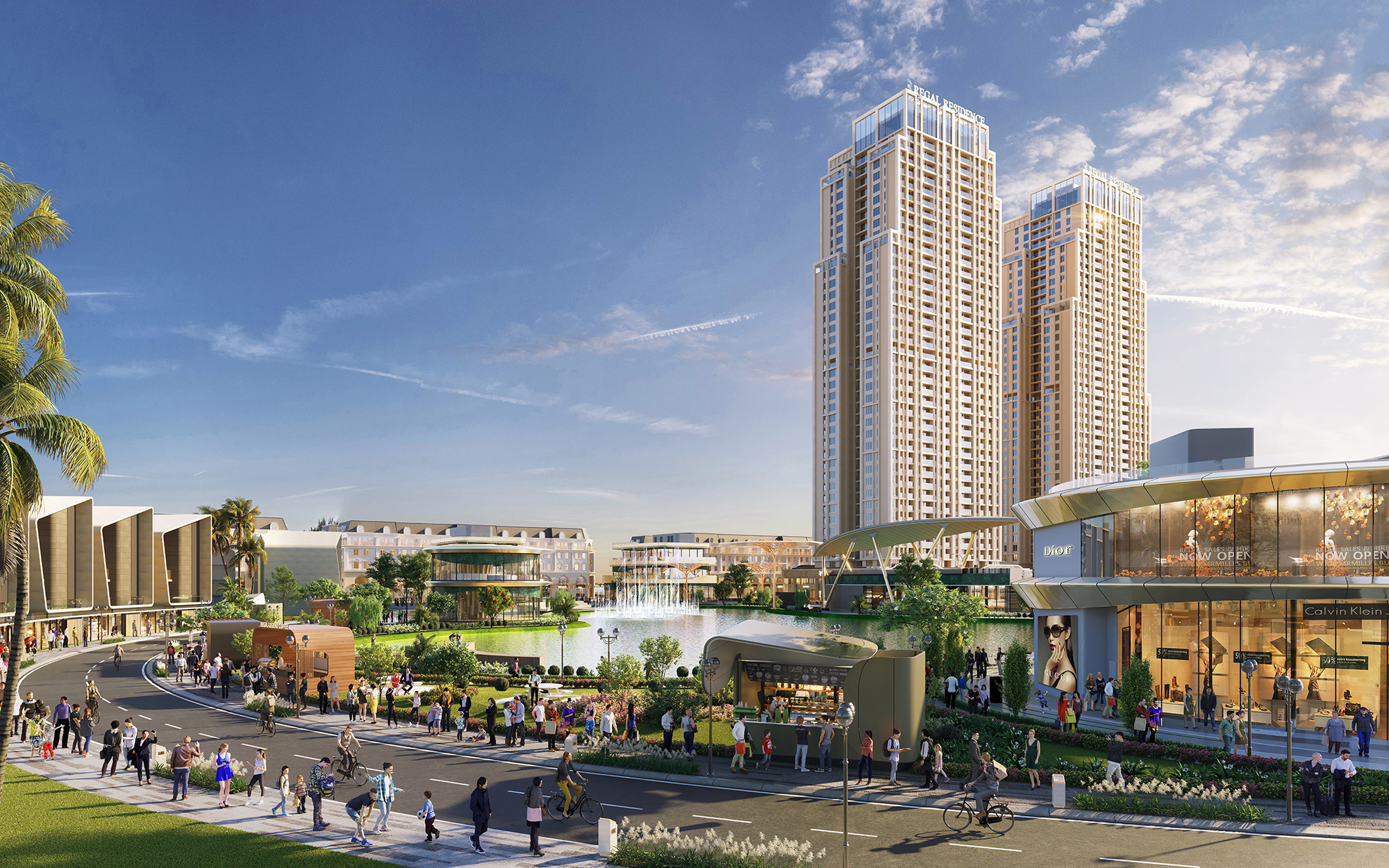 Phố đi bộ ven hồ - Regal Lake Walk bao quanh khu hồ 1,2ha cùng các tiện ích từ các thương hiệu đình đám mang đến không khí sầm uất cho khu vực.