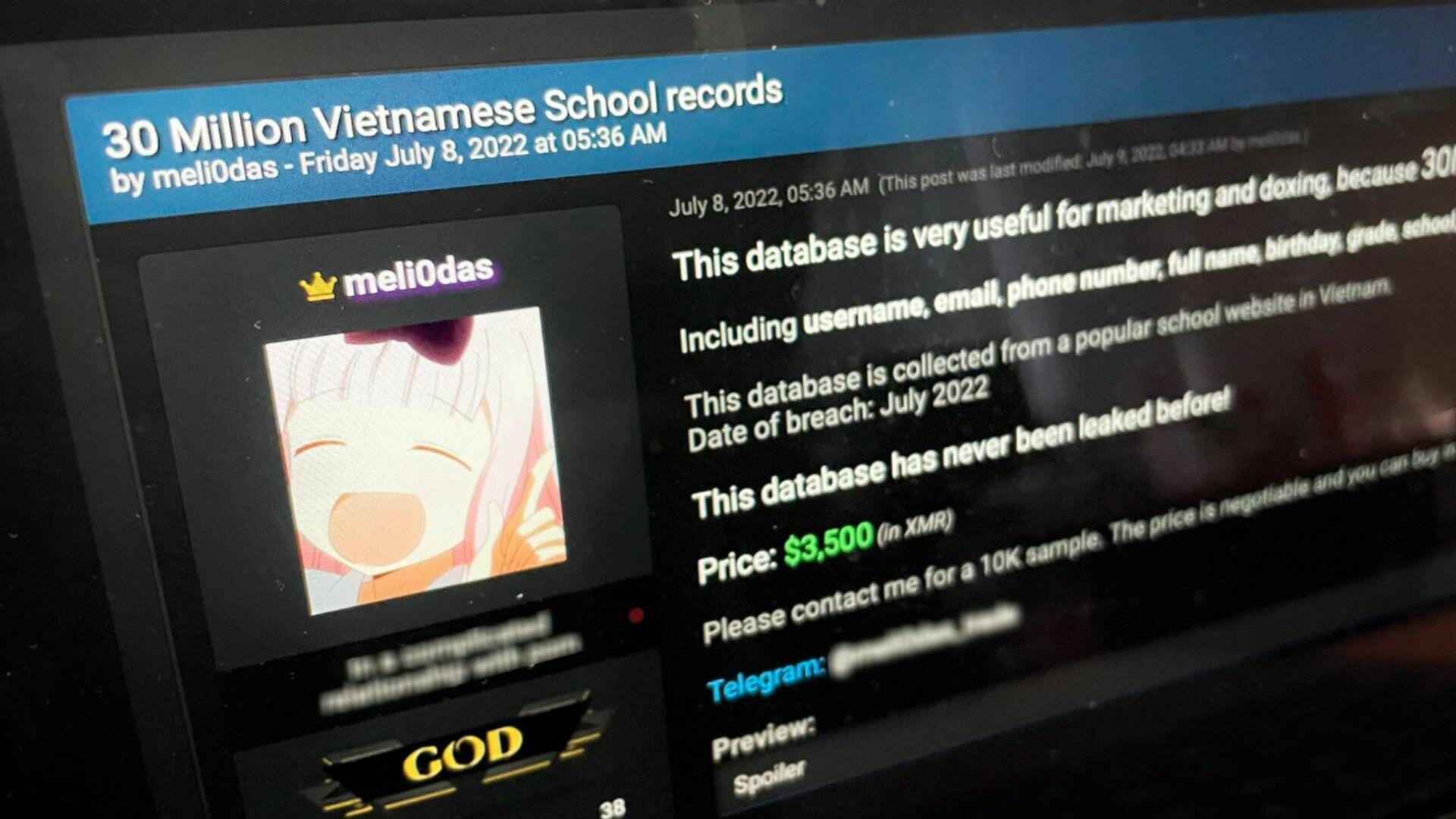 Dữ liệu của 30 triệu người dân Việt Nam được rao bán trên một diễn đàn tin tặc vào tháng 7/2022 - Ảnh chụp màn hình.