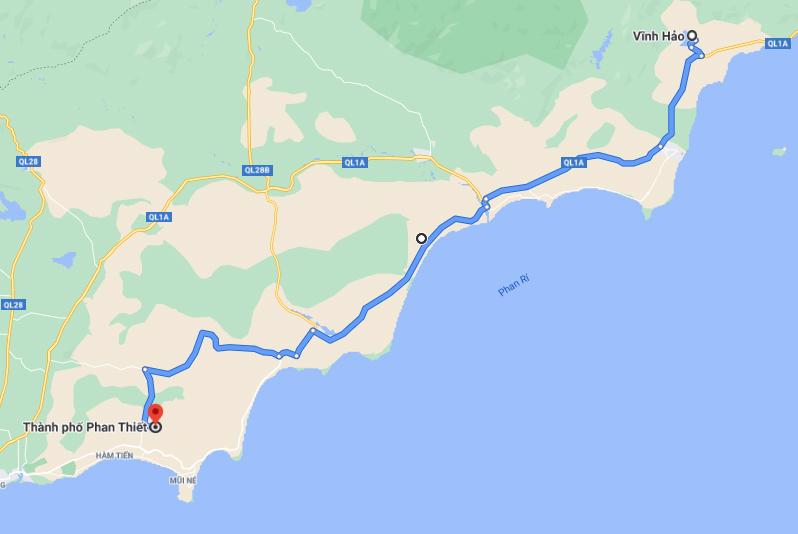 Hướng tuyến dự án cao tốc Vĩnh Hảo - Phan Thiết trên bản đồ.