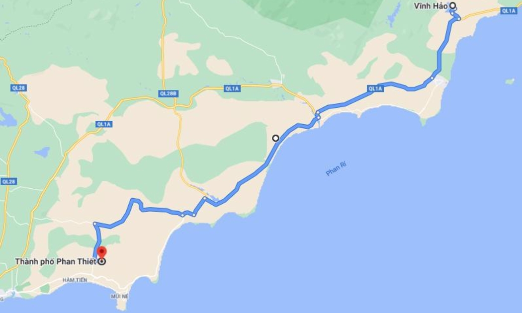 Hướng tuyến dự án cao tốc Vĩnh Hảo - Phan Thiết trên bản đồ.