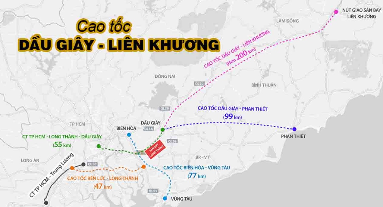 Sơ đồ hướng tuyến cao tốc Dầu Gi&acirc;y &ndash; Li&ecirc;n Khương.&nbsp;