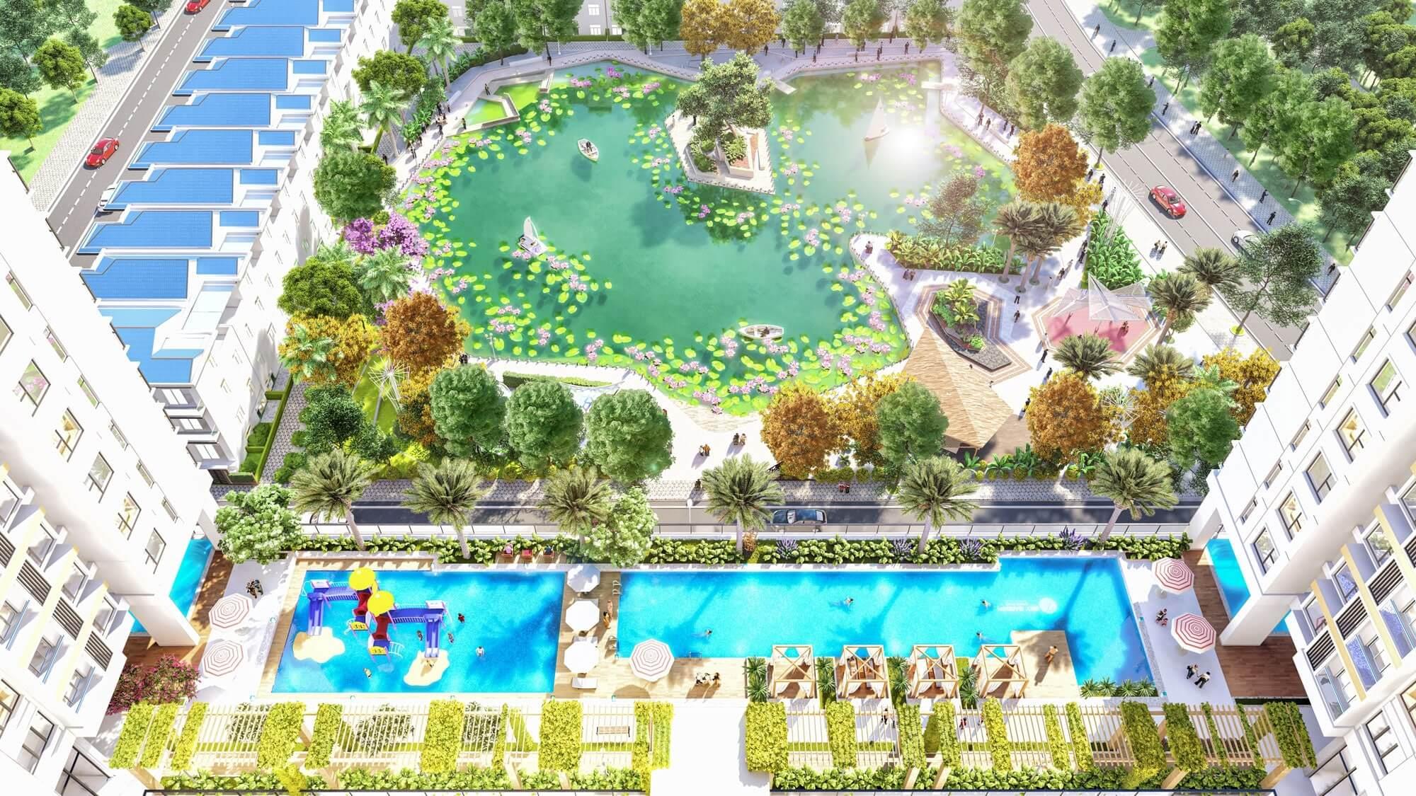 Cư d&acirc;n The Peak Garden được chi&ecirc;m ngưỡng vẻ đẹp b&igrave;nh y&ecirc;n v&agrave; thư th&aacute;i của cỏ c&acirc;y s&ocirc;ng nước.