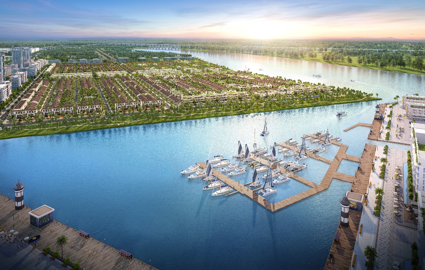 The Aqua sở hữu vị trí độc tôn khi được ôm trọn bởi dải công viên ven sông Vàm Cỏ Đông, Vịnh nước ngọt 8,6ha và kết nối trục thương mại xuyên tâm “thành phố bên sông” Waterpoint.