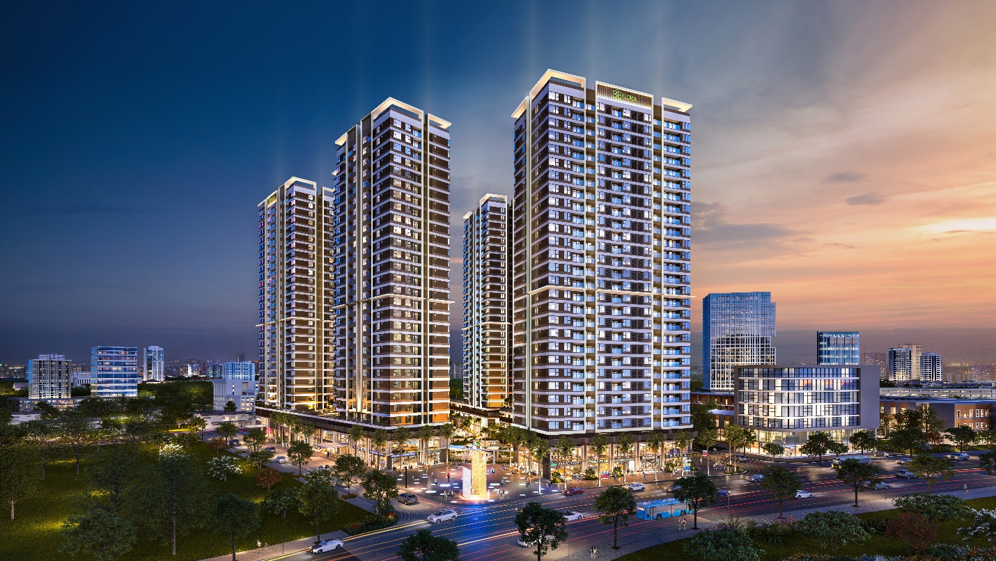 Phối cảnh Akari City giai đoạn 2 có vị trí đắc địa nhất dự án khi liền kề trường liên cấp Ngô Thời Nhiệm 1,8ha, quảng trường Ánh sáng 2,500m2 đồng thời kết nối với trục thương mại 42m.