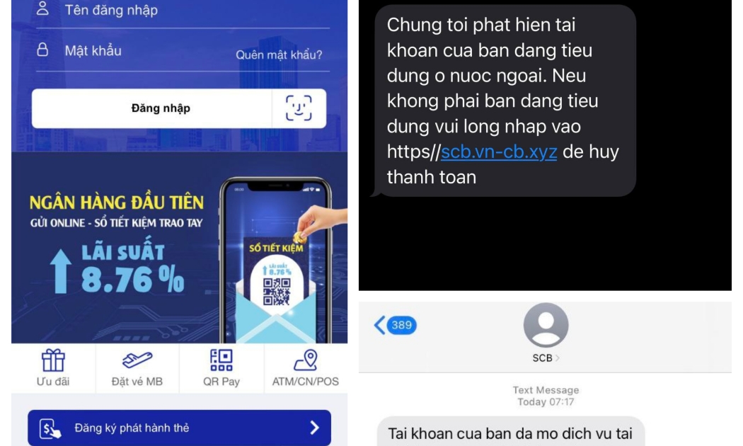 Tin nhắn giả mạo Brandname ngân hàng gửi đến khách hàng có đường link lừa đảo, dẫn đến website mạo danh ngân hàng.