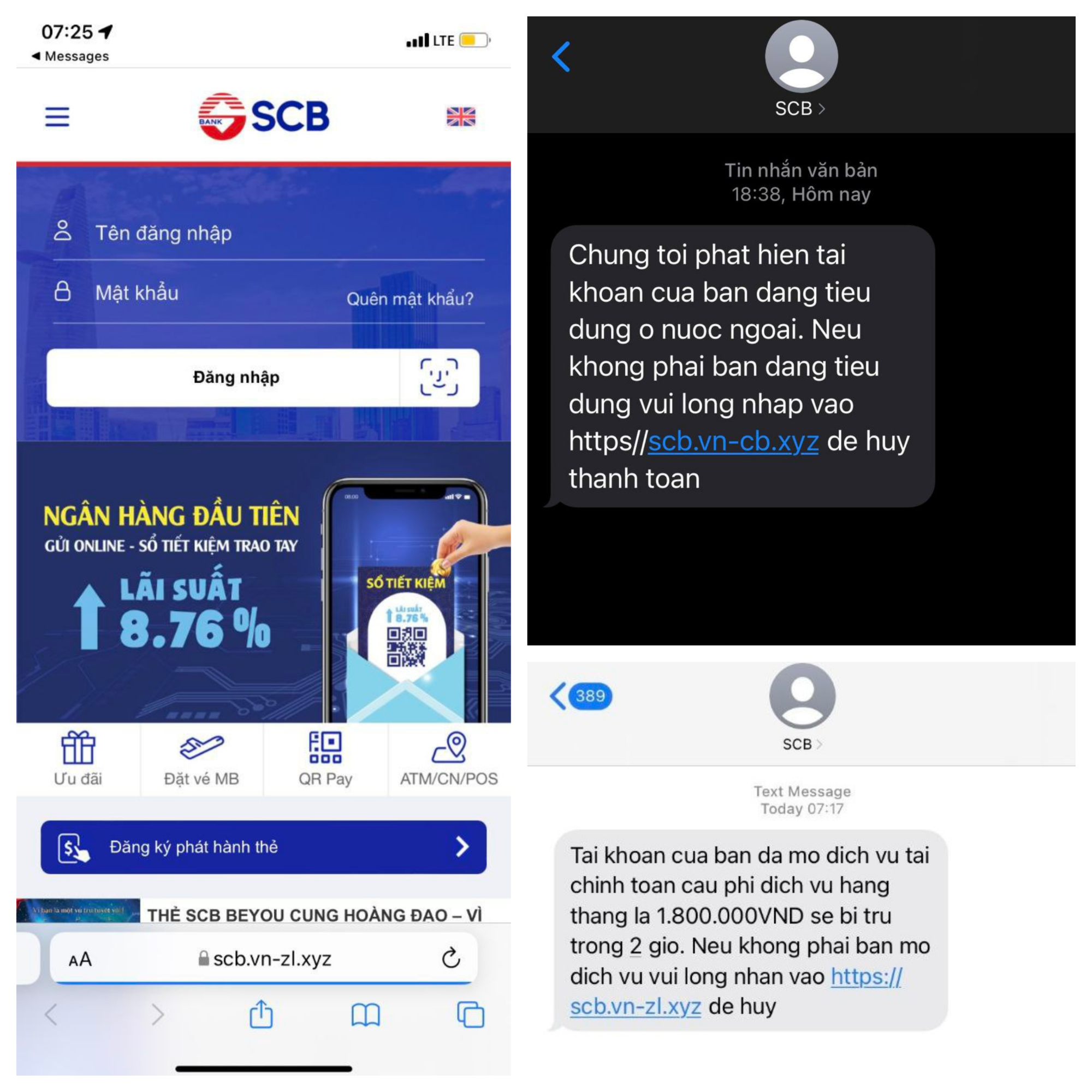Tin nhắn giả mạo Brandname ngân hàng gửi đến khách hàng có đường link lừa đảo, dẫn đến website mạo danh ngân hàng.
