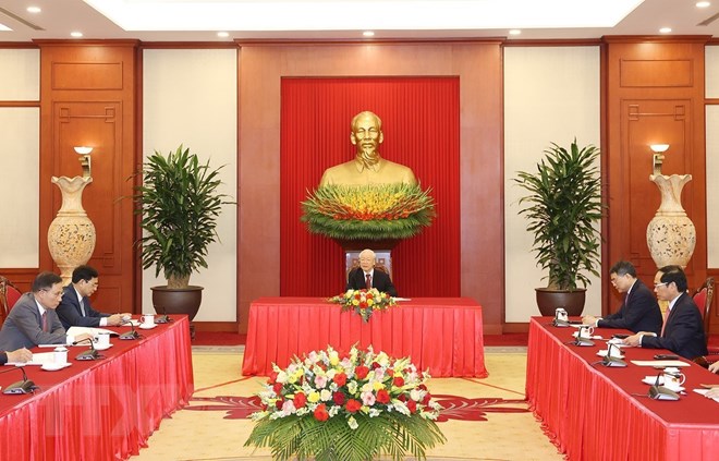Toàn cảnh cuộc điện đàm tại Trụ sở Trung ương Đảng - Ảnh: TTXVN