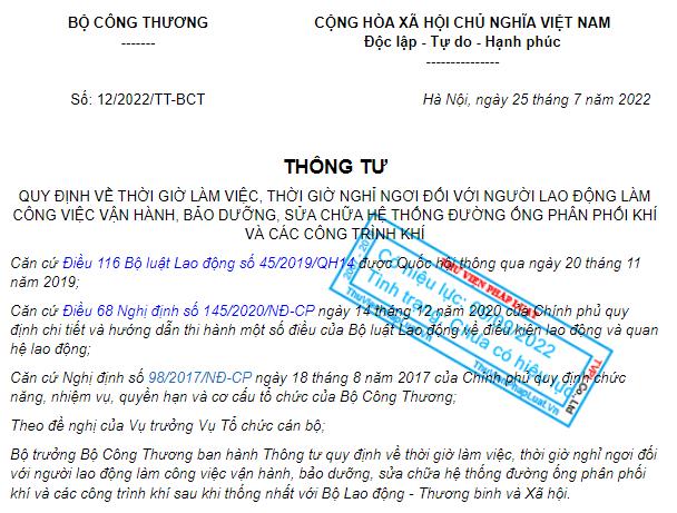 Ảnh chụp Thông tư 12/2022/TT-BCT trên website ThuVienPhapLuat.vn
