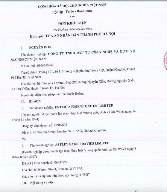 Đơn khởi kiện của Sconnect.