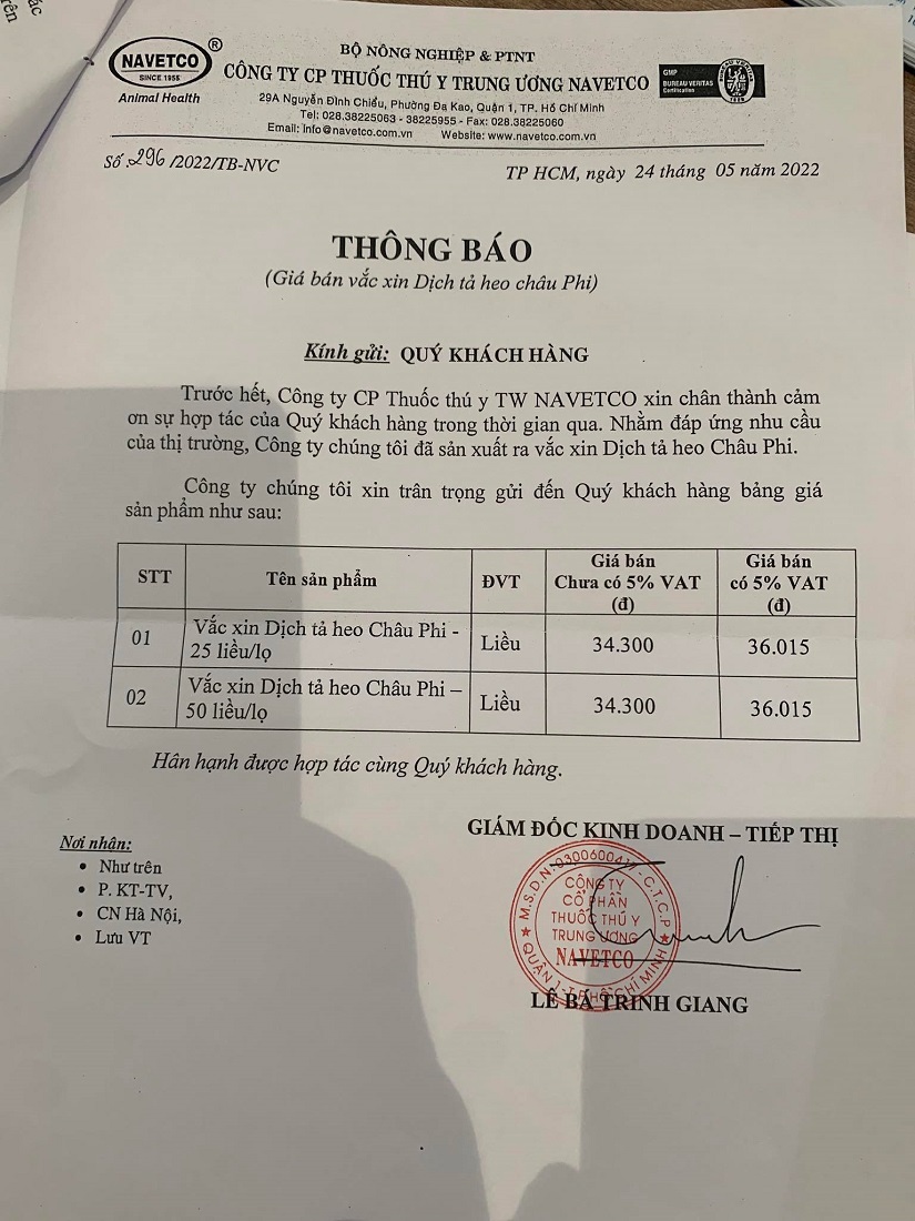 Navetco công khai bán vacine trên khắp cả nước.