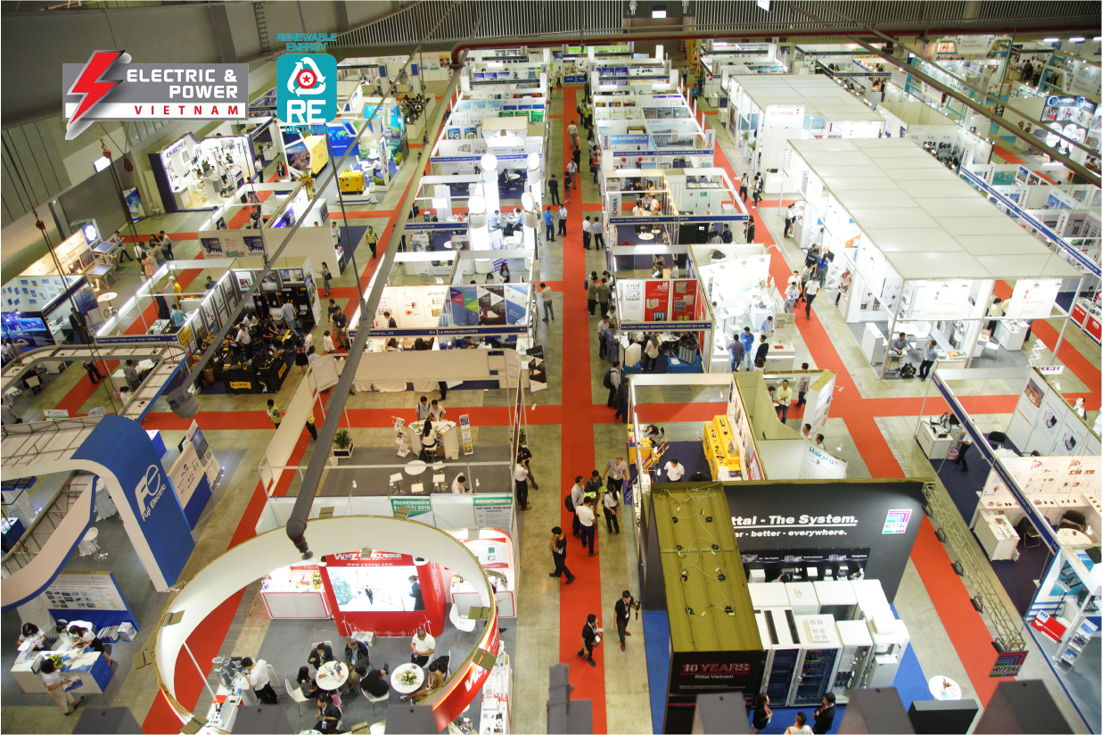 Booths displaying electrical equipment and energy products at a previous Electric & Power Vietnam exhibition. 