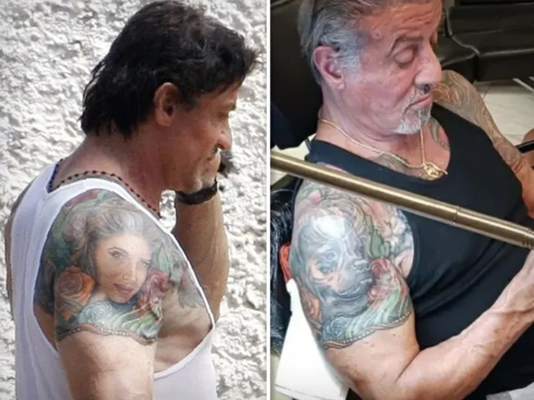 Tin đồn hôn nhân của Sylvester Stallone trục trặc rộ lên khi tài tử sửa hình xăm chân dung vợ trên bắp tay thành hình chú chó cưng.
