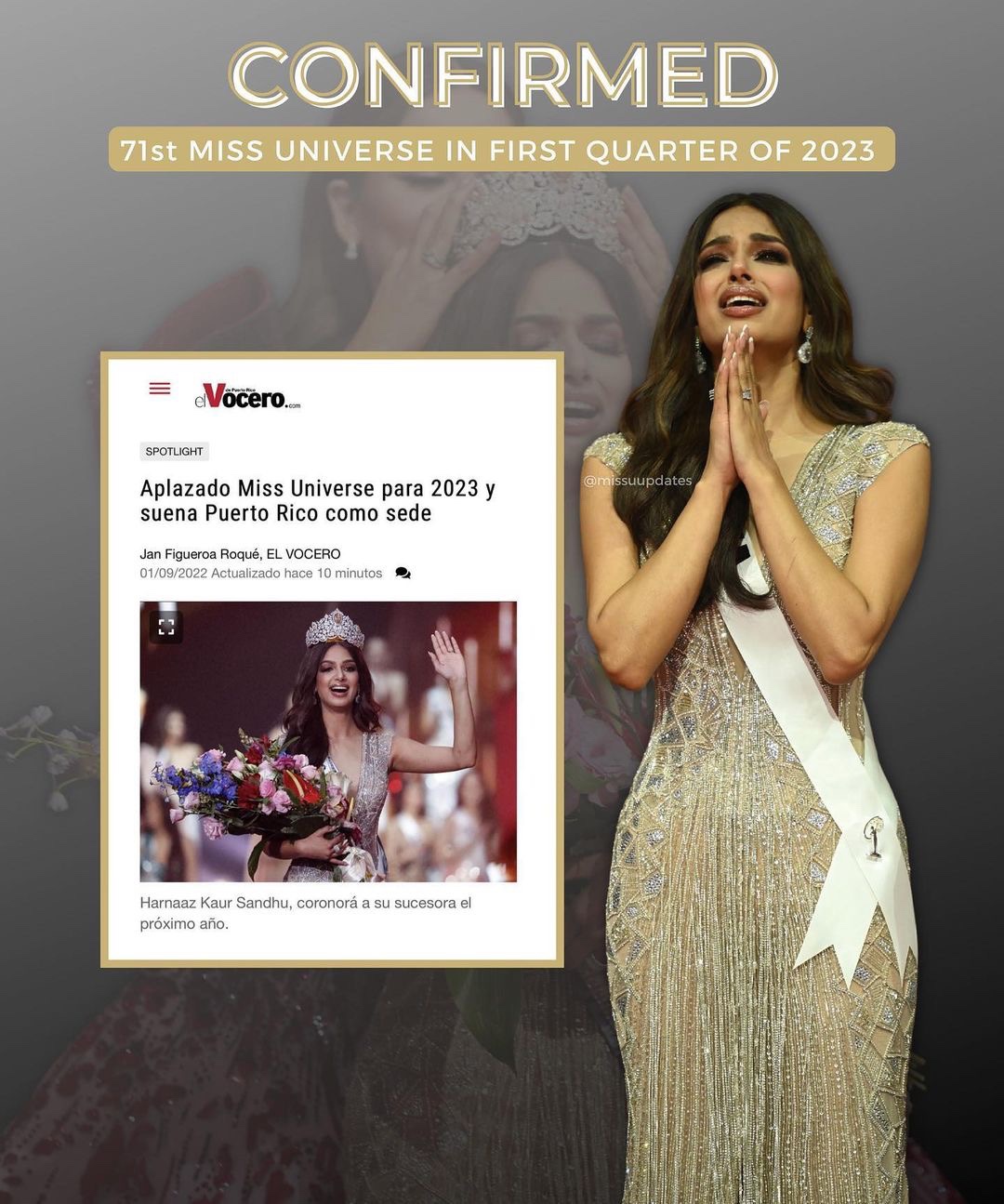 Th&ocirc;ng b&aacute;o về việc&nbsp;cuộc thi Hoa hậu Ho&agrave;n vũ lần thứ 71 sẽ được dời lịch sang qu&yacute; một của năm 2023.