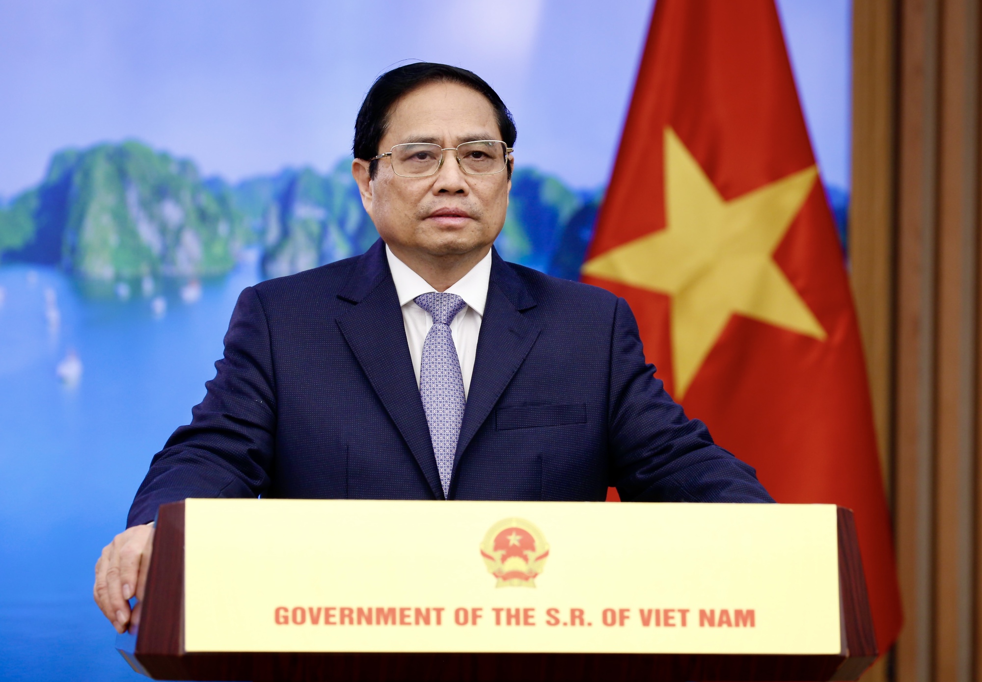 Thủ tướng Chính phủ Phạm Minh Chính tham dự Diễn đàn Kinh tế phương Đông tổ chức tại thành phố Vladivostok, Liên bang Nga vào ngày 7/9/2022 theo hình thức phát biểu ghi hình - Ảnh: VGP