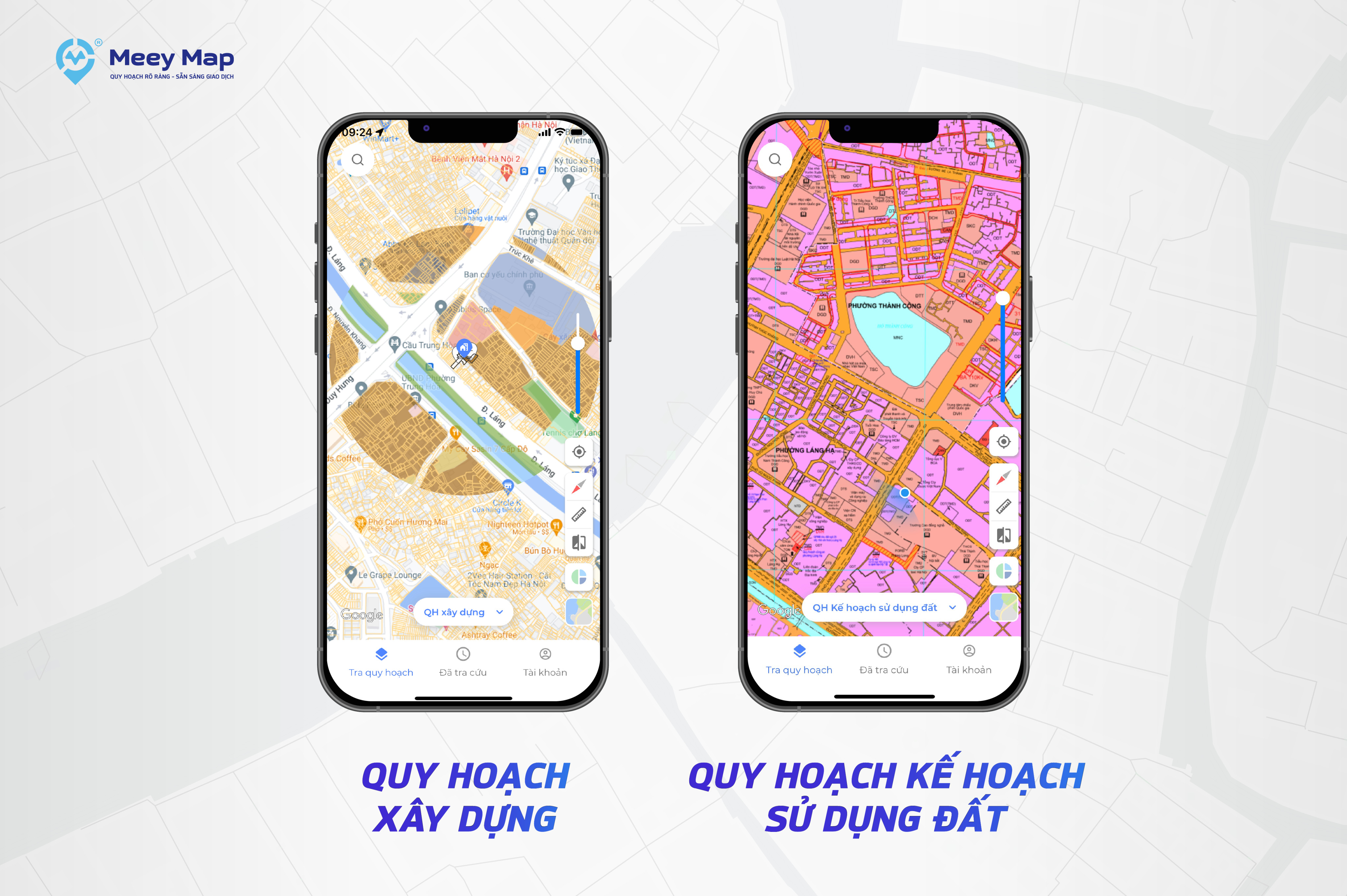 Giao diện quy hoạch x&acirc;y dựng v&agrave; quy hoạch kế hoạch sử dụng đất hiển thị tr&ecirc;n Meey Map app.