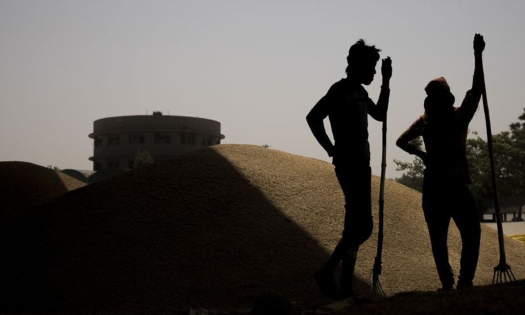 Công nhân đóng bao thóc tại một chợ bán buôn ở New Delhi, Ấn Độ - Ảnh: Bloomberg