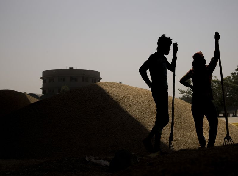 Công nhân đóng bao thóc tại một chợ bán buôn ở New Delhi, Ấn Độ - Ảnh: Bloomberg