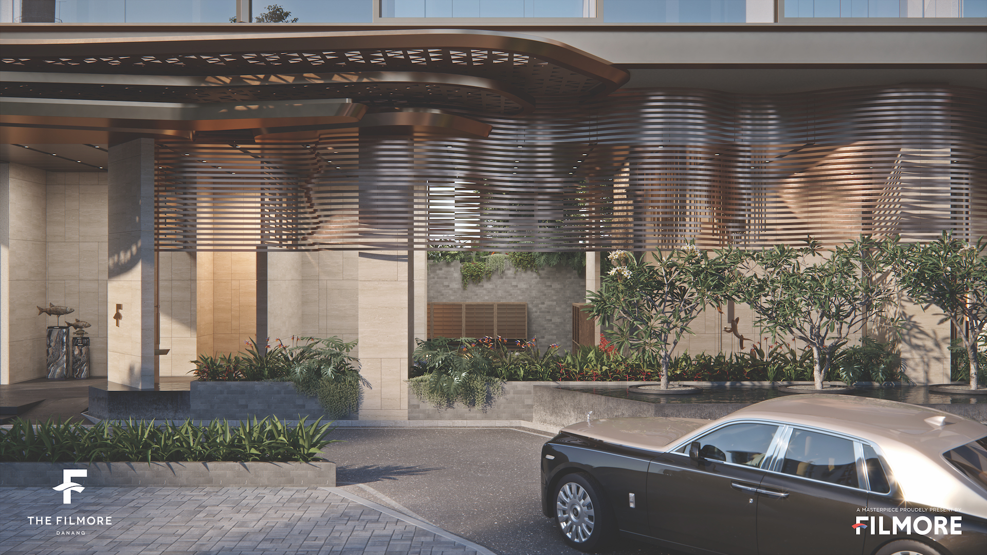 Mặt tiền đường Bình Minh 5 - lối vào sảnh lễ tân với thiết kế khác biệt.