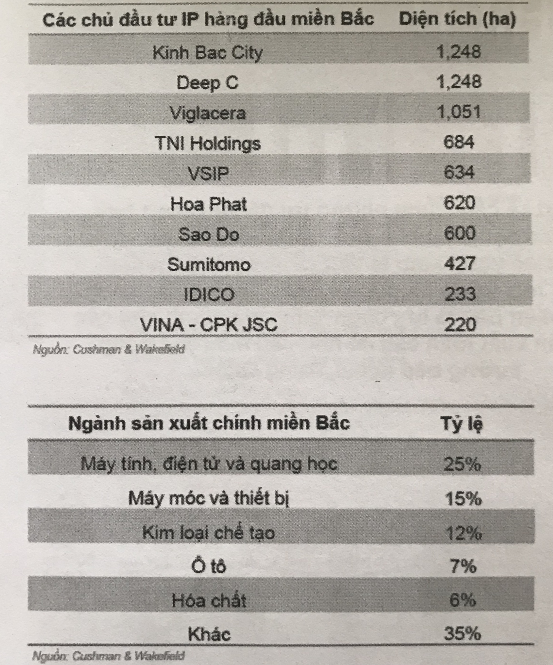 C&aacute;c chủ đầu tư KCN h&agrave;ng đầu tại miền Bắc - Nguồn:&nbsp;Cushman & Wakefield.