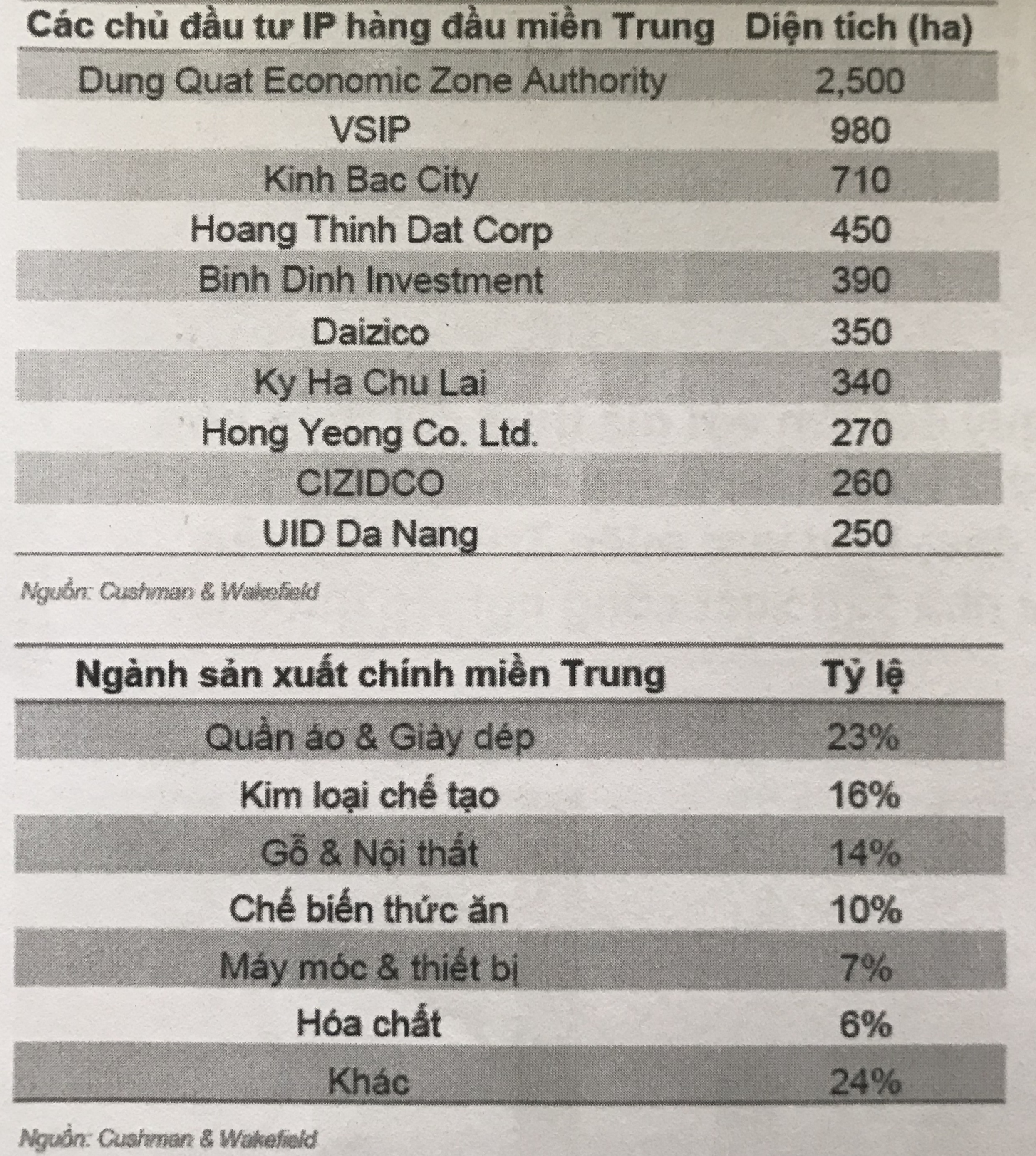 C&aacute;c chủ đầu tư KCN h&agrave;ng đầu tại miền Trung - Nguồn:&nbsp;Cushman & Wakefield.