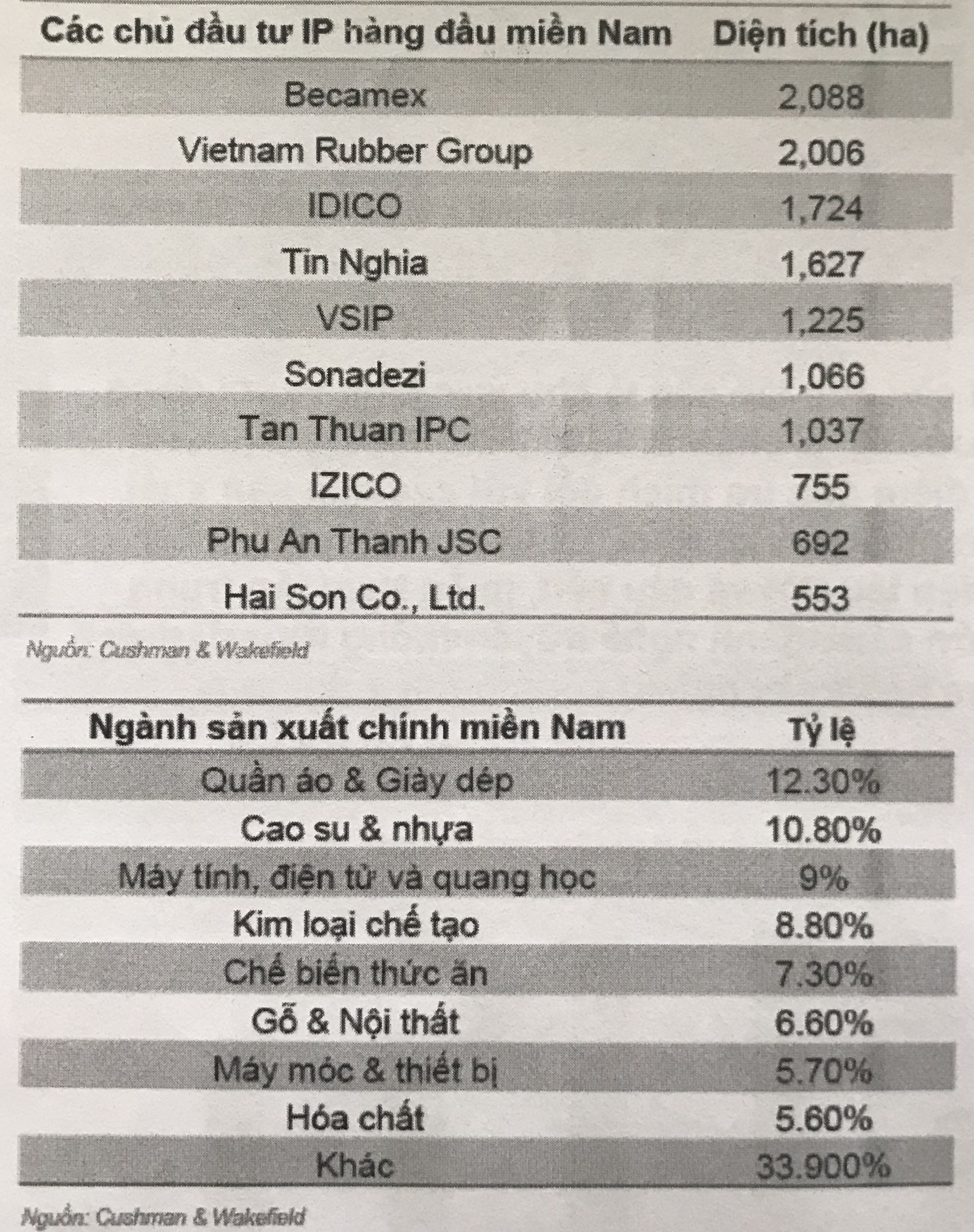 C&aacute;c chủ đầu tư KCN h&agrave;ng đầu tại miền Nam - Nguồn:&nbsp;Cushman & Wakefield.