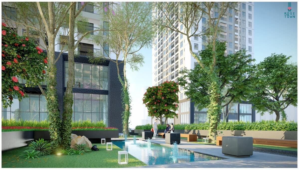 Dự án Rose Town được đầu tư hệ thống tiện ích nội khu tất cả trong một đáp ứng toàn bộ nhu cầu của cư dân với nhà hàng, quán cafe, nhà trẻ, siêu thị, bể bơi, phòng tập gym & yoga, khu vui chơi trong nhà và ngoài trời…
