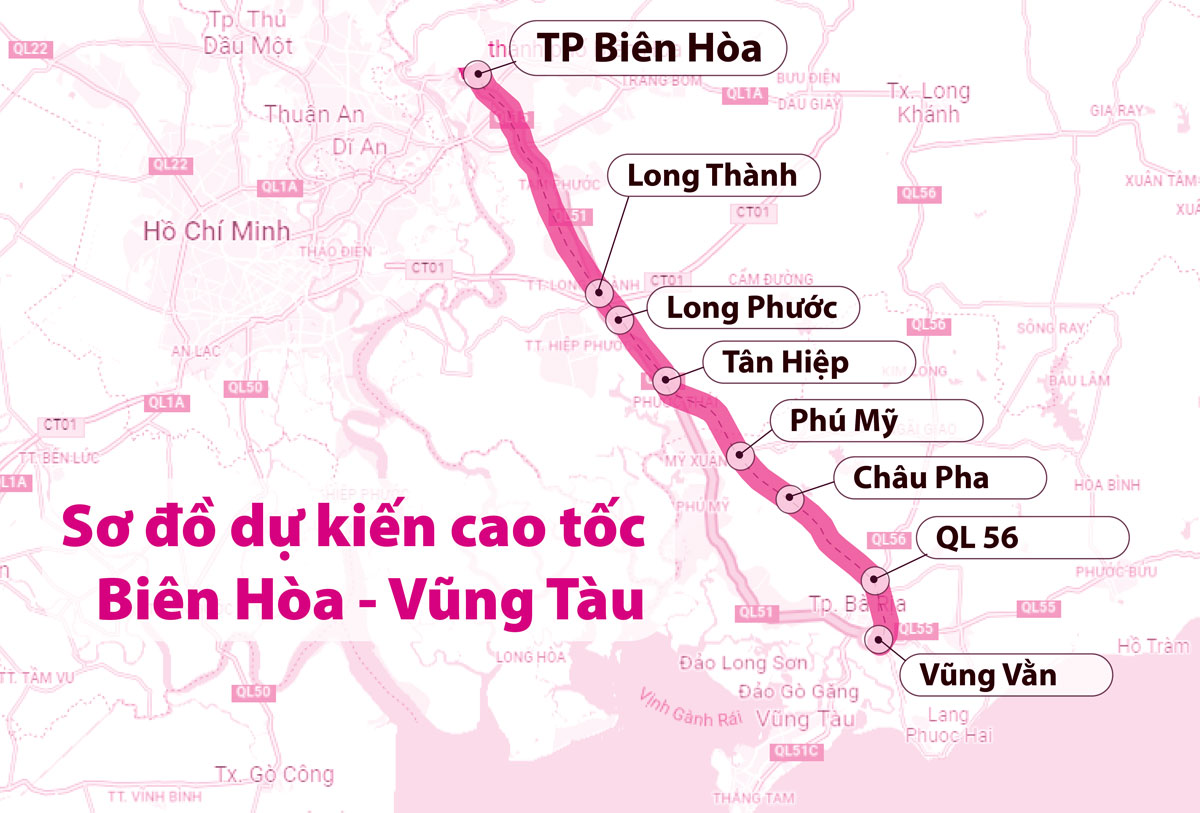 Sơ đồ hướng tuyến cao tốc Bien Hòa - Vũng Tàu.