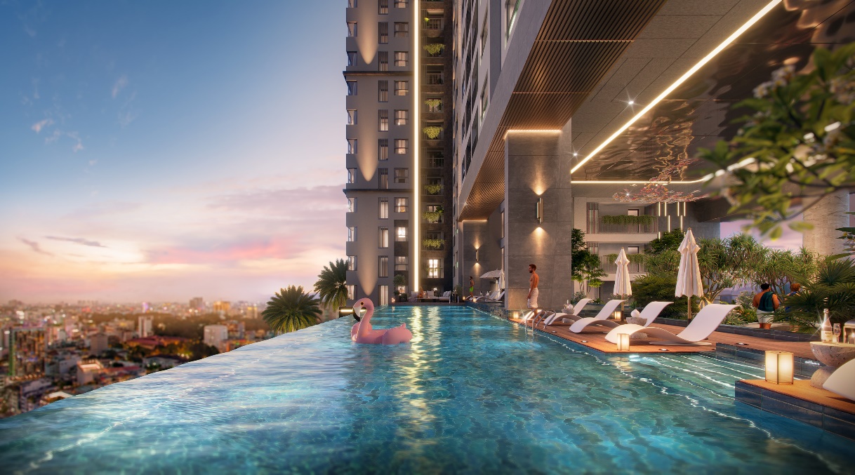 Hồ bơi vô cực hướng sông Sài Gòn trong nội khu dự án C-River View. Ảnh: C-Holdings.