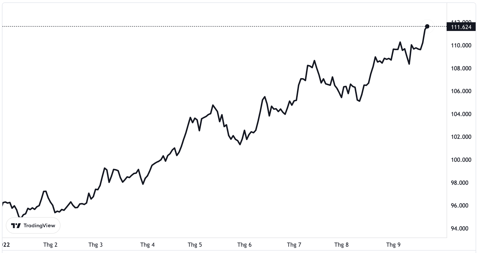 Đà tăng của chỉ số Dollar Index từ đầu năm đến nay.