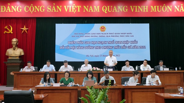 Phiên phân giao hạn ngạch thuế quan nhập khẩu đối với mặt hàng đường theo phương thức đấu giá năm 2022. Ảnh: Cục Xuất nhập khẩu.